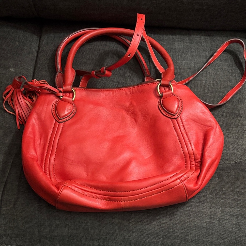 J. Crew Vintage Red Leather Shoulder Bag - Classic Women's 3 compartment Bag - Picture 1 of 6